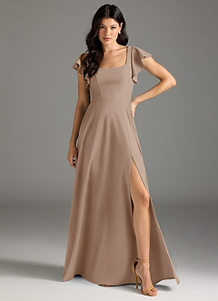 Azazie Bondi Final Sale Taupe A-Line Ruched Stretch Crepe Dress image2