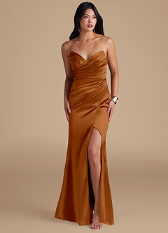 Azazie Yola Bridesmaid Dresses Copper Sheath Pleated Metallic Satin Dress image6