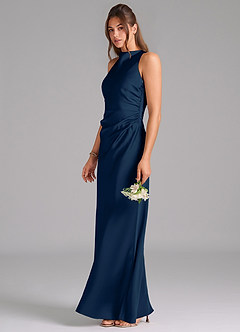 Azazie Evadne Bridesmaid Dresses Dark Navy A-Line Pleated Stretch Satin Dress image1