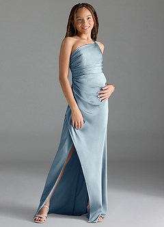 Azazie Eren Junior Robe Fourreau en Satin extensible Plissée Bleu Poussiéreux image3