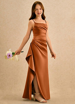Azazie Cannoli Girls Formal Flower Girl Dresses Copper A-Line Pleated Matte Satin Dress image1