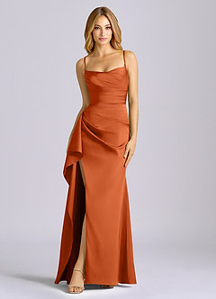 Azazie Sarai Bridesmaid Dresses Burnt Orange Sheath Corset Stretch Satin Dress image3
