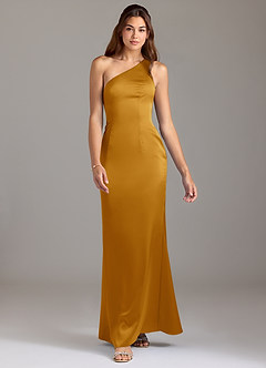 Azazie Arleth Bridesmaid Dresses Butterscotch A-Line One Shoulder Stretch Satin Dress image3