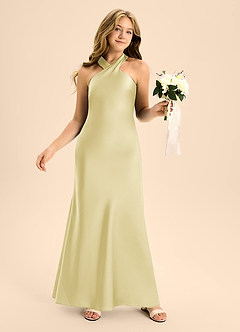 Azazie Doretta Junior Lemon Sorbet A-Line Pleated Stretch Satin Dress image5