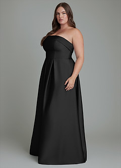 Azazie Lucienne At-home Try On Dresses Black A-Line Strapless Stretch Satin Convertible Dress image11