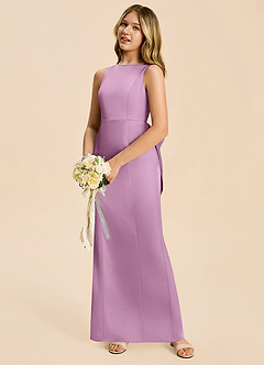 Azazie Emi Junior Wisteria Sheath Bow Stretch Satin Dress image2