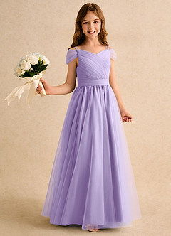 Azazie Yuna Girls Formal Flower Girl Dresses Lilac A-Line Off the Shoulder Tulle Dress image1