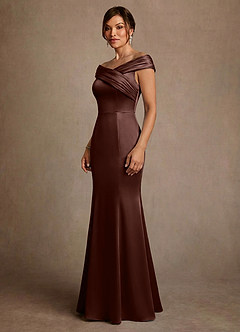 Azazie Aberdeen Mother of the Bride Dresses Espresso Sheath Pleated Stretch Satin Dress image3