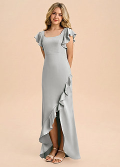 Azazie Demi Junior Silver Mermaid Bow Stretch Satin Dress image1