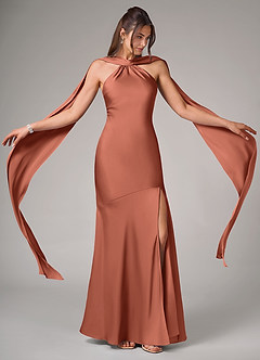 Azazie Kinsley Robes de demoiselle d'honneur Robe Sirène en Satin extensible Fente Latérale Argile image2