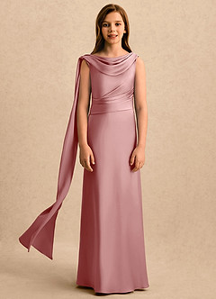 Azazie Sanah Girls Formal Robe Demoiselle D'honneur Fillette Robe Trapèze en Satin extensible Plissée Rose Poussiéreuse image4