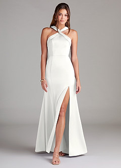 Azazie Rue Bridesmaid Dresses White Mermaid Pleated Stretch Satin Dress image3