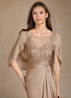 Azazie Hera Mother of the Bride Dresses Taupe A-Line Lace Stretch Satin Dress image5