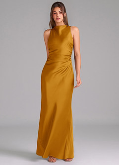 Azazie Evadne Bridesmaid Dresses Butterscotch Sheath Pleated Stretch Satin Dress image3
