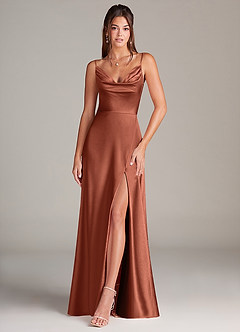 Azazie Sarella Bridesmaid Dresses Clay A-Line Pleated Stretch Satin Dress image1