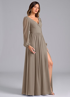 Azazie Zeya Bridesmaid Dresses Taupe A-Line Long Sleeve Chiffon Dress image3