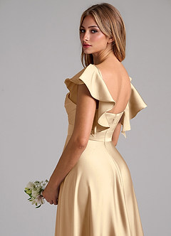 Azazie Leilani Bridesmaid Dresses Champagne A-Line Ruched Stretch Satin Dress image9