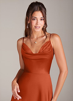 Azazie Sarella Bridesmaid Dresses Paprika A-Line with Pockets Metallic Satin Dress image2