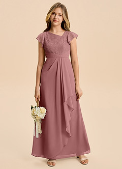 Azazie Jadyn Junior Desert Rose A-Line Lace Chiffon Dress image4