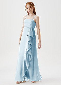 Azazie Kaylee Junior Sky Blue A-Line with Belt Stretch Satin Dress image4