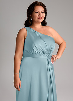 Azazie Brooke Vestidos de damas de honor Vestido de Azul Malhumorado de Satén Elástico de Corte en A con Hombro unilateral image13