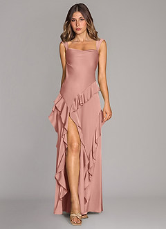 Azazie Sloane Essayer des robes à la maison Robe Trapèze en Satin extensible Encolure en Forme de Cœur Rosette image1