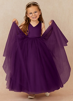 Azazie Marybell Flower Girl Dresses Grape A-Line Bow Tulle Dress image3
