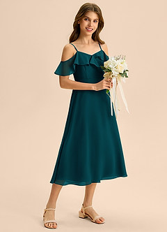 Azazie Kamilla Junior Abito A-Line in Chiffon a Spalla Scoperta Pino image5