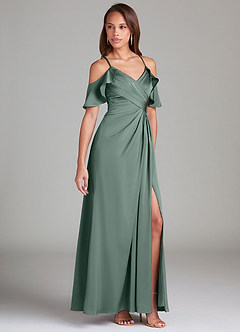 Azazie Dakota Bridesmaid Dresses Sea Moss A-Line Off the Shoulder Stretch Satin Dress image1