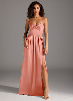 Azazie Zeya Bridesmaid Dresses Coral A-Line Pleated Stretch Satin Dress image2
