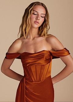 Azazie Amyra At-home Try On Dresses Auburn Mermaid Sweetheart Neckline Metallic Satin Convertible Dress image7