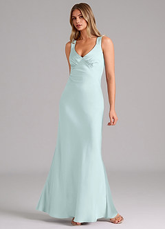 Azazie Kamila Bridesmaid Dresses Sea Glass A-Line Pleated Stretch Satin Dress image3