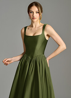 Azazie Verina Bridesmaid Dresses Olive A-Line Pleated Stretch Satin Dress image2