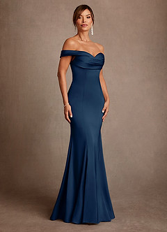 Azazie Boone 신부의 어머니 드레스 인어 오프 더 숄더 스트레치 새틴 플로어 길이 드레스 image1
