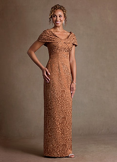 Azazie Atkins At-home Try On Dresses Caramel Cocoa Column Off the Shoulder Floral Jacquard Dress image2