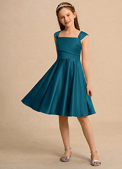 Azazie Budle Flower Girl Dresses Ink Blue A-Line Pleated Matte Satin Dress image3