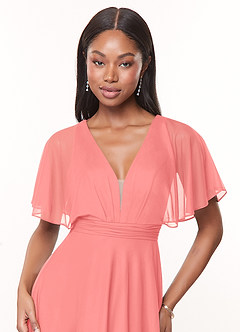 Azazie Tinsley Bridesmaid Dresses Coral A-Line Pleated Mesh Dress image5