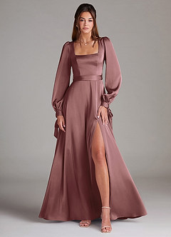 Azazie Leonia Bridesmaid Dresses Vintage Mauve A-Line Long Sleeve Stretch Satin Dress image1