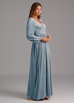 Azazie Norah Bridesmaid Dresses Dusty Blue A-Line Long Sleeve Velvet Dress image4