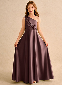 Azazie Puddles Girls Formal Flower Girl Dresses Espresso A-Line One Shoulder Matte Satin Dress image5