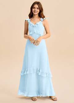 Azazie Tavie Junior Vestido de Azul Cielo de Gasa de Corte en A con Volante image1