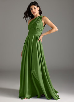 Azazie Charlize Robes de demoiselle d'honneur Robe Trapèze en Satin extensible Une épaule Basilic image4