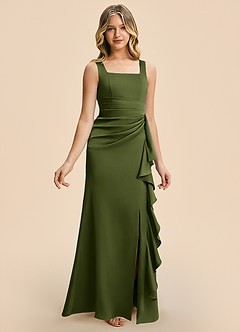 Azazie Adrienne Junior Olive Sheath Pleated Stretch Satin Dress image6