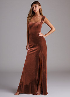 Azazie Junia Robes de demoiselle d'honneur Robe Fourreau Convertible en velours Épaule décolletée Terracotta image4