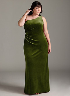 Azazie Argan Bridesmaid Dresses Olive A-Line One Shoulder Pleated Velvet Dress image8