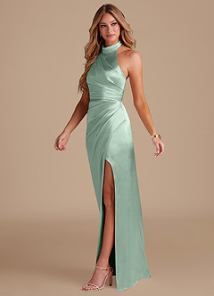 Azazie Jemma Bridesmaid Dresses Agave Sheath Pleated Metallic Satin Dress image4