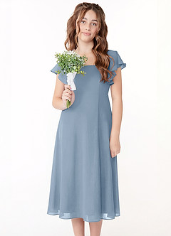 Azazie Bondi Junior Jurk van Chiffon met A-Lijn Ruches Stoffig Blauw image4