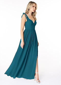 Azazie Stassie Robes de demoiselle d'honneur Robe Trapèze en Mousseline de soie Décolleté froncé Bleu Encre image4