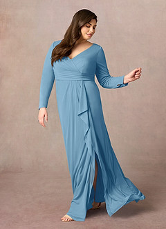Azazie Risa Mother of the Bride Dresses Steel Blue Mermaid V-Neck Pleated Mesh Dress image7