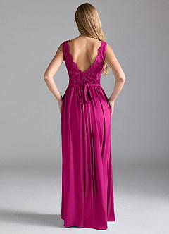 Azazie Elly Bridesmaid Dresses Fuchsia A-Line Lace Stretch Satin Dress image4